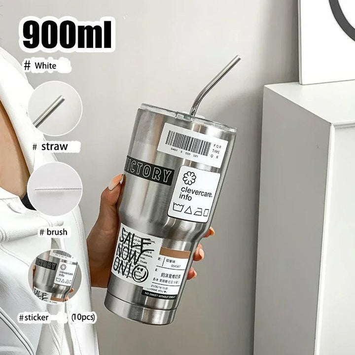 Lisslune | 900ML Double-Walled Insulated Steel Travel Mug with Straw and Lid - Perfect for Adventurers and Daily Hydration