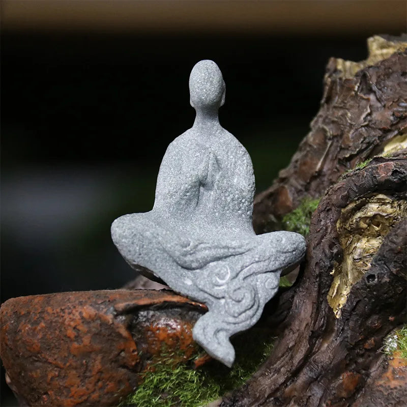 Lisslune | Buddha Stone Statue Small Buddhist Monks Tibetan Buddhism Figures Zen Garden Ornament Meditation Home Aquarium Decoration