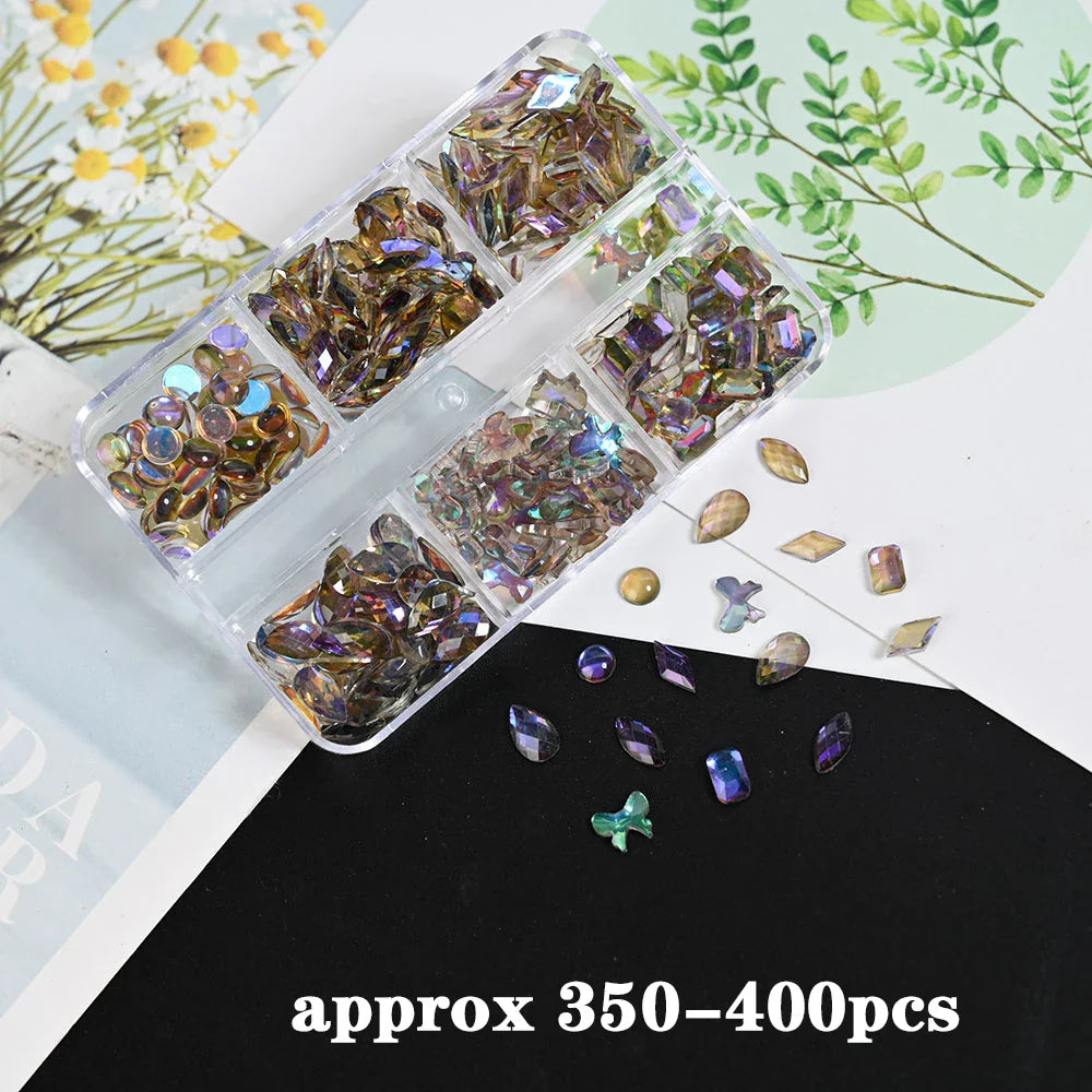 Rynx | 100 Pieces 3D Irregular Aurora Crystal Rhinestones Multi Shapes Aurora Nail Gems 6 Colors Flat Back Shiny Nail Art Rhinestones Charms