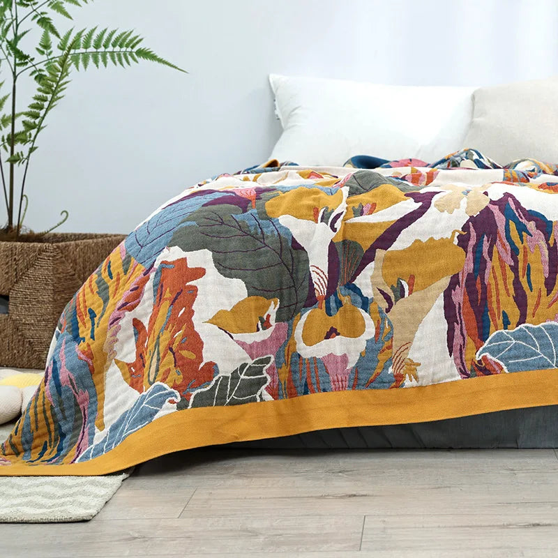 Rynx | Textilstadt Ink Flowers Scent Cotton Multilayer Gauze Towel Blanket Summer Cool Throw Blanket Bedroom Comfortable Bed Sheets 240x250