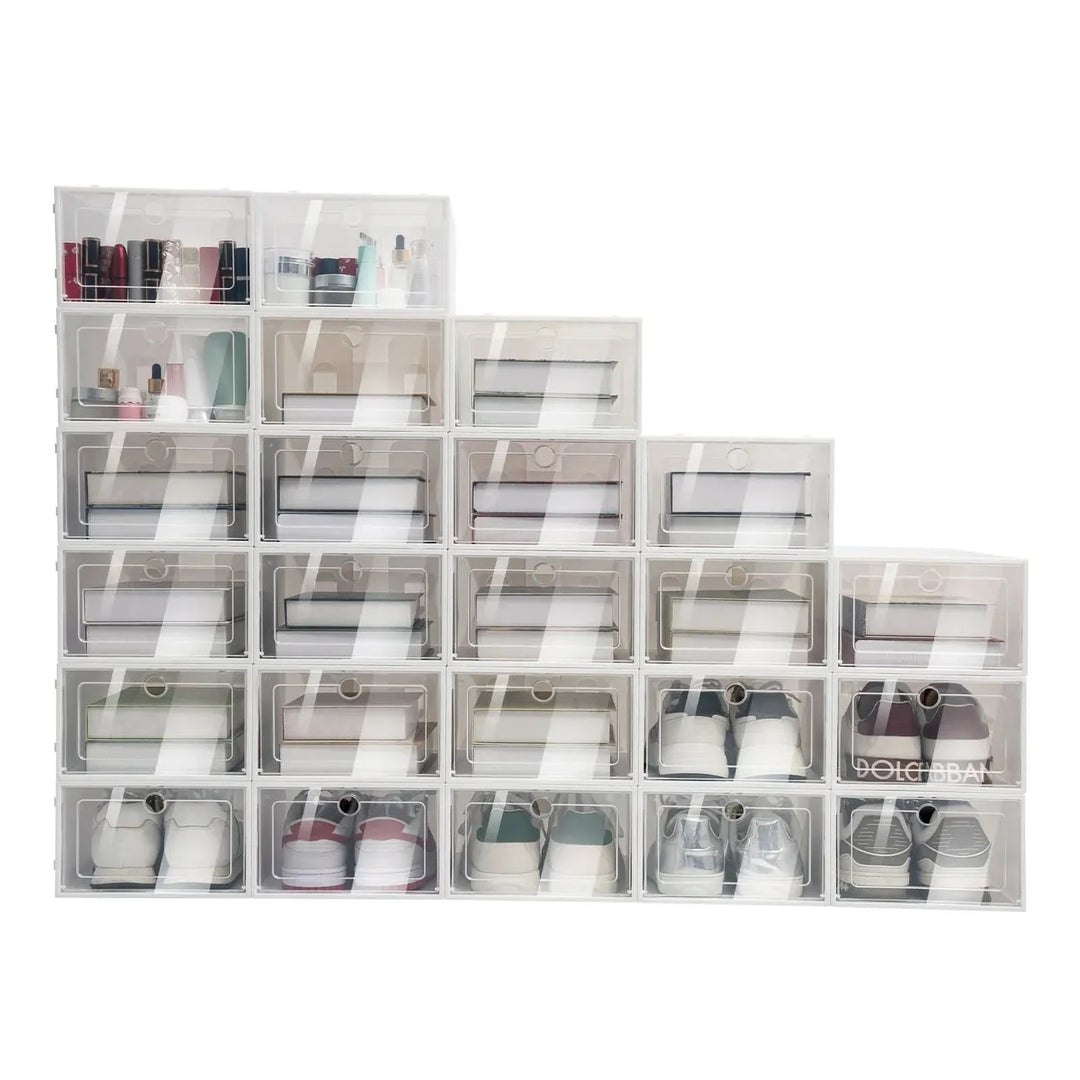 Lisslune | SHOEBOX STORAGE SET – 24 stackable & transparent shoe boxes for space-saving organization & clear overview