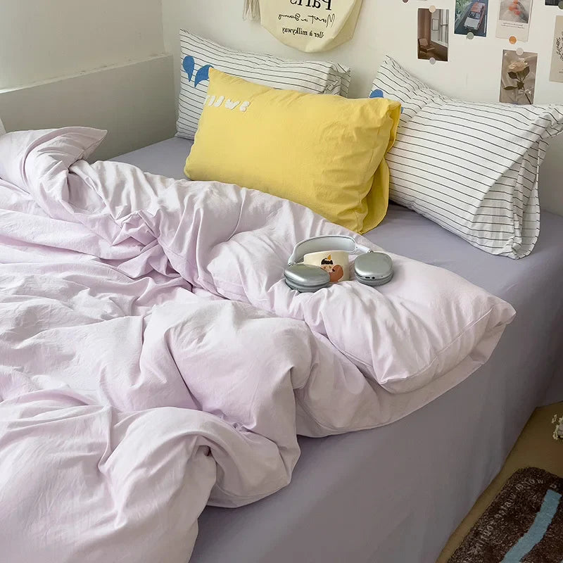 Rynx | INS Purple Bedding Set Girls Soft Washed Cotton Embroidered Sheet Set Queen King Size Duvet Cover Set with Pillowcases