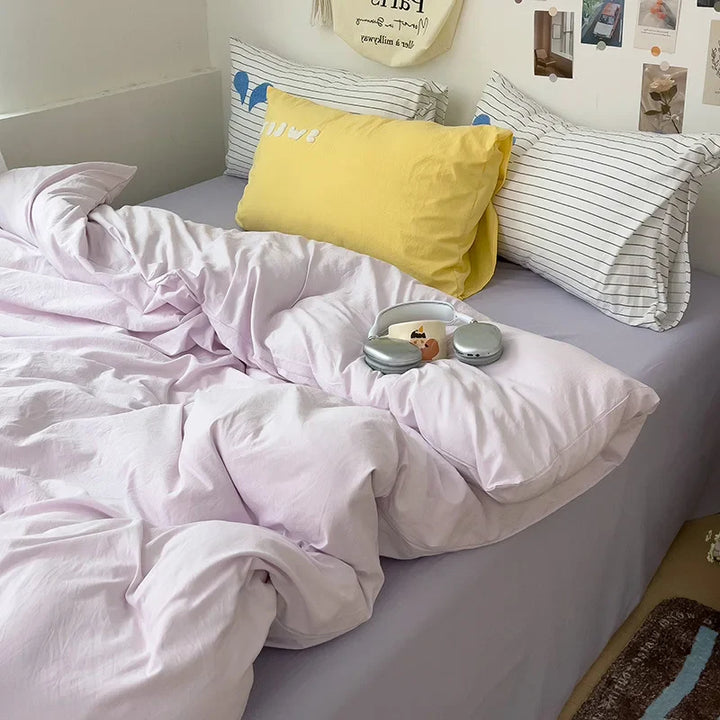 Rynx | INS Purple Bedding Set Girls Soft Washed Cotton Embroidered Sheet Set Queen King Size Duvet Cover Set with Pillowcases