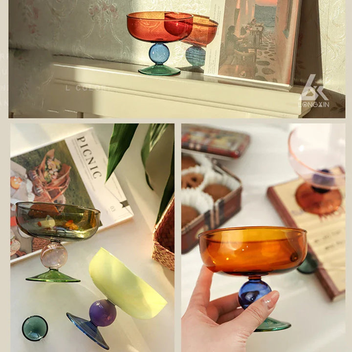 Rynx | Stained Glass Goblet Ice Dessert Bowl Colorful Transparent Cup Fruit Salad Borosilicate Glass Bowl Heat Resistant Glass