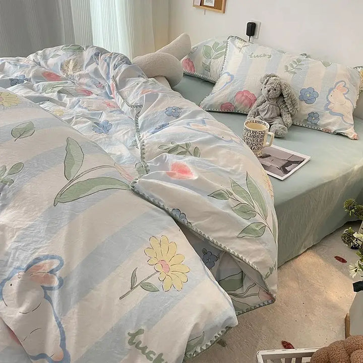 Rynx | Bedding Set Double-Layered Yarn INS Girl Mushroom Soft Washed Cotton Duvet Cover Queen King Size Bedding Pillowcase Bed Sheet