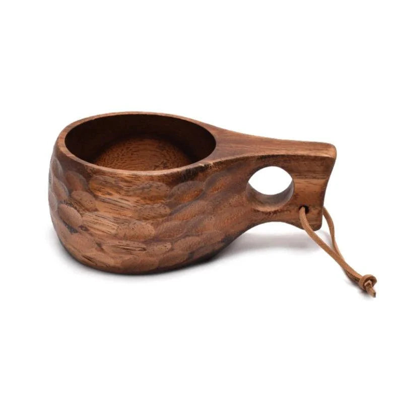 Lisslune | Acacia Wood Finland Kuksa Travel Mug with Handle and Leather Rope Holder - Stylish Drinkware for Coffee, Tea, and Juice