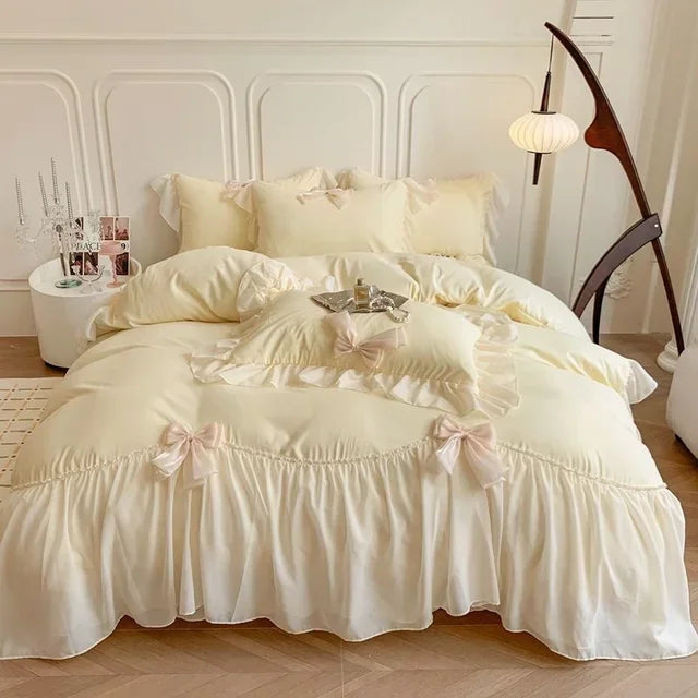 Rynx | Korean Princess Lace Bedding Set Beautiful Solid Color Lace Plush Duvet Cover Luxury Girls Wedding Home Textiles Bed Sheet Cover