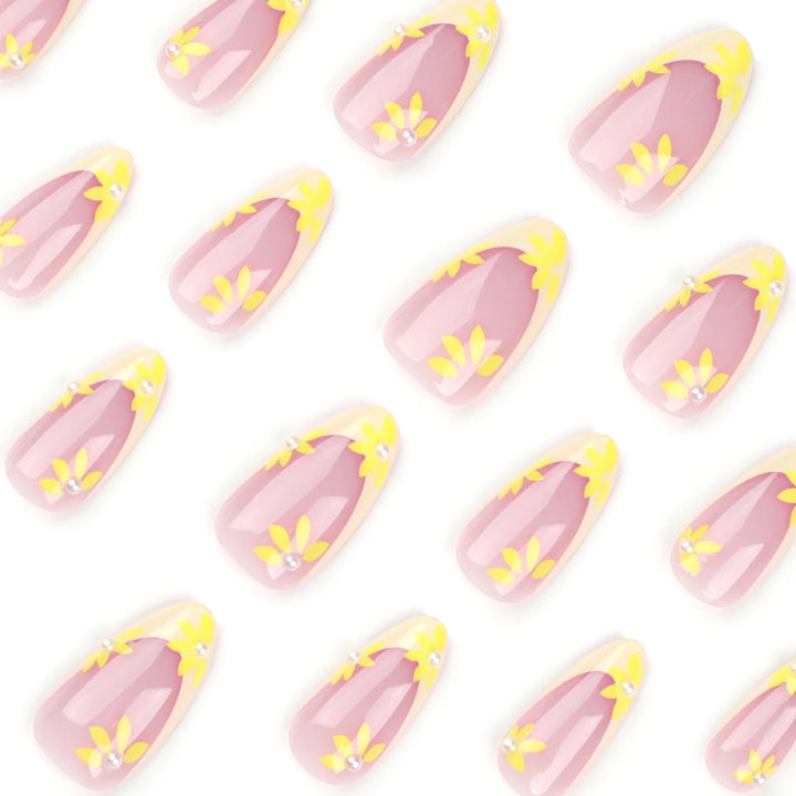 Rynx | Yellow Small Flower Pearl Cute Almond Shape False Nails Simple French Removable Ready Artificial Nails for Stick-On with Glue