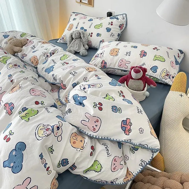 Rynx | Bedding Set Flora INS Girls 2024 New Tulip Rabbit Double-layered Bedding Set of four pieces washable cotton Bed Sheets Duvet Cover Set