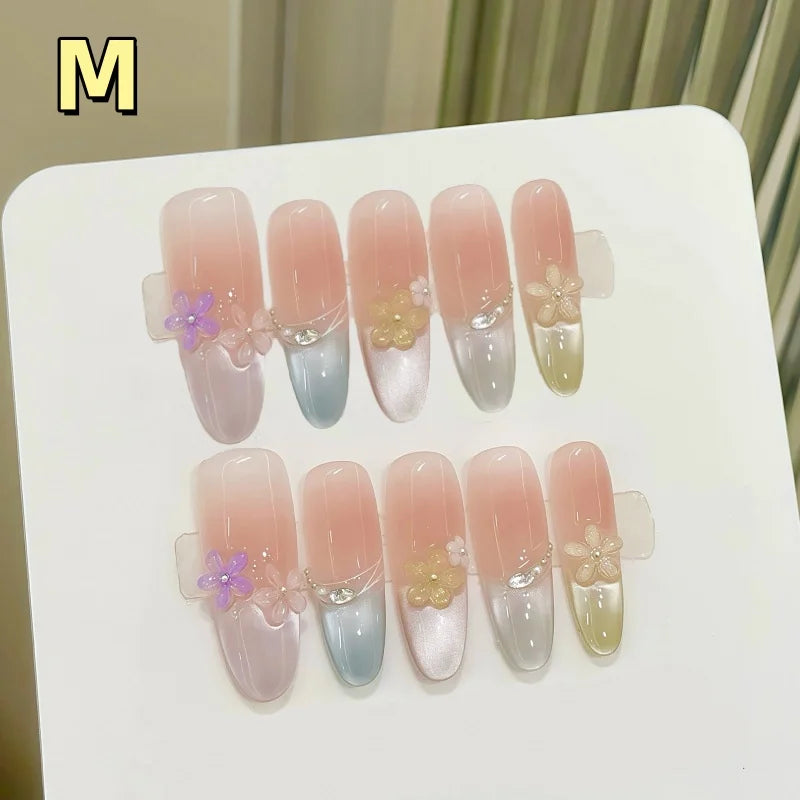 Rynx | 10 Piece Long Oval Handmade Press-On Nails Rainbow Cat Eye Effect with 3D Flower Designs Perfect for Women and Girls Daily Nail Use