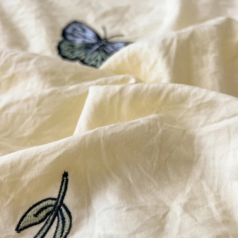 Rynx | 2/3/4 Pieces Luxury Butterfly Embroidery Bedding Set Soft Skin-Friendly Washed Cotton Duvet Cover Twin Full Queen King Bed Set