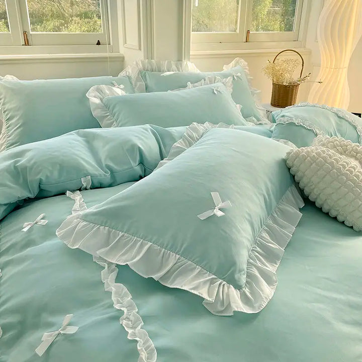 Rynx | Princess Style Duvet Cover Set with Bed Sheet Pillowcases Korean Green Pink Girls Gift Spring Single Queen Size Bedding Set