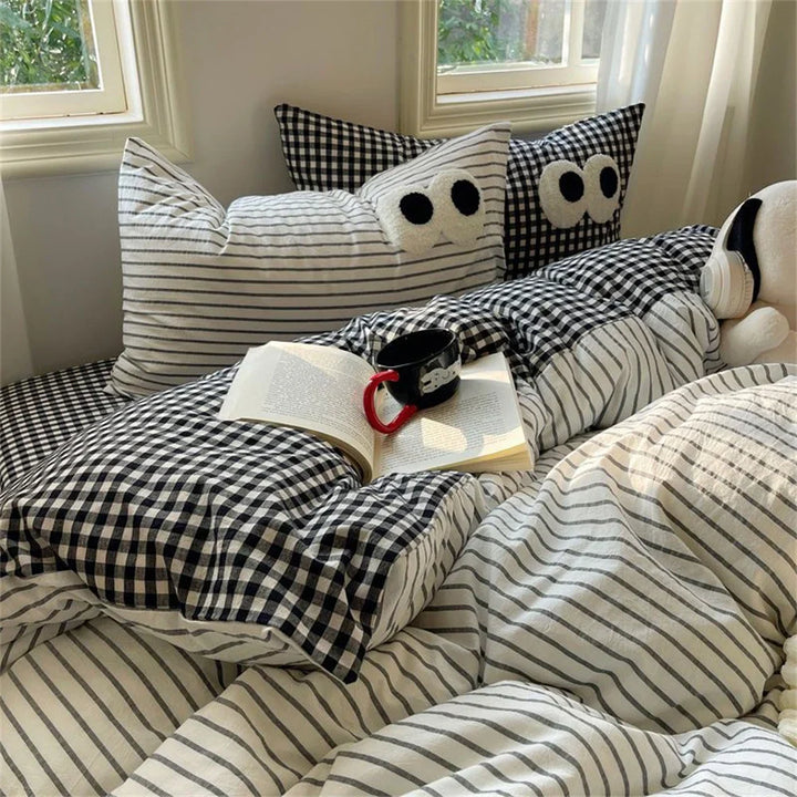 Rynx | INS Striped Bedding Set Simple Soft Duvet Cover Sheet Pillowcase Solid Color Bedding for Adults Girls Twin-Queen Size