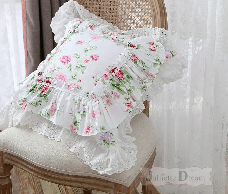 Rynx Elegant Ruffle Lace Decorative Pillowcase European Embroidery Bed Pillowcase Princess Pink Print Pillowcase Sofa Cushion