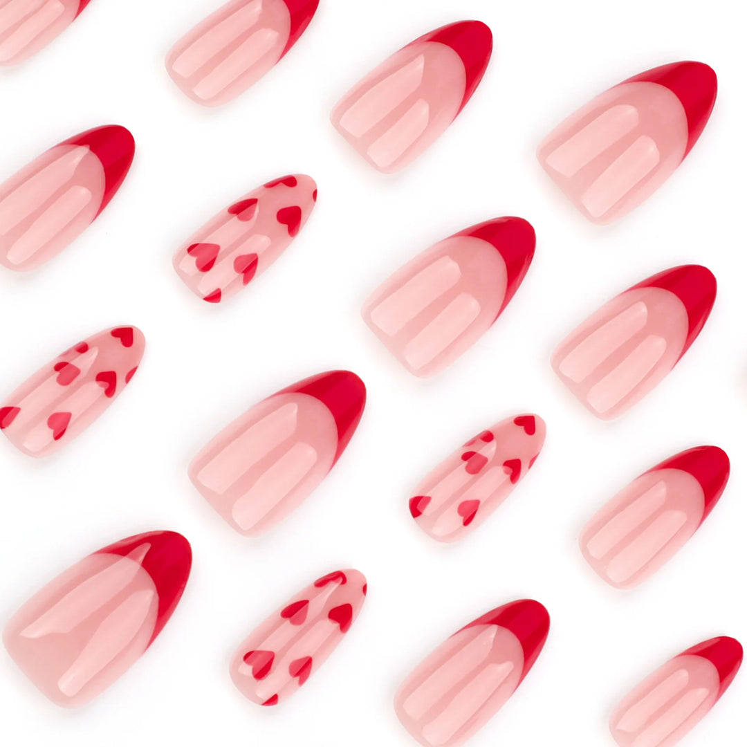 Rynx | Red Love Heart French Sweet Nail Art Nude Pink Artificial Nails Removable Finished Fingernails Valentine's Day Gift Press-on Nails With Glue