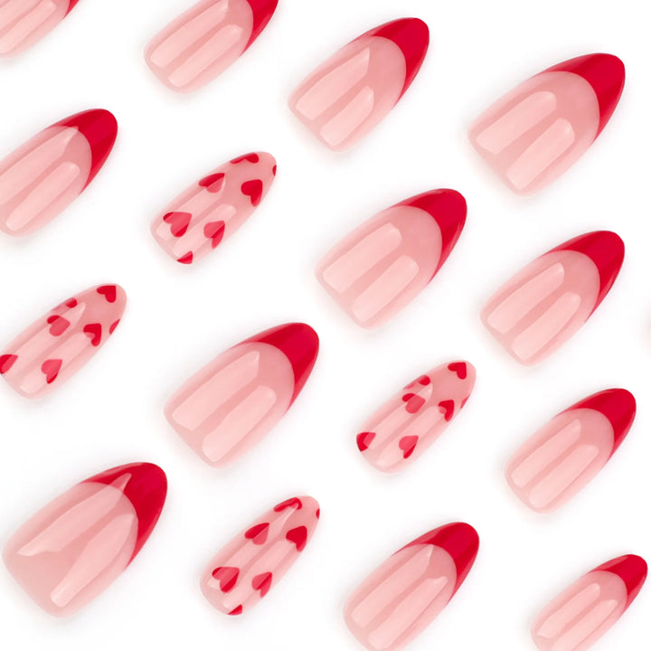 Rynx | Red Love Heart French Sweet Nail Art Nude Pink Artificial Nails Removable Finished Fingernails Valentine's Day Gift Press-on Nails With Glue