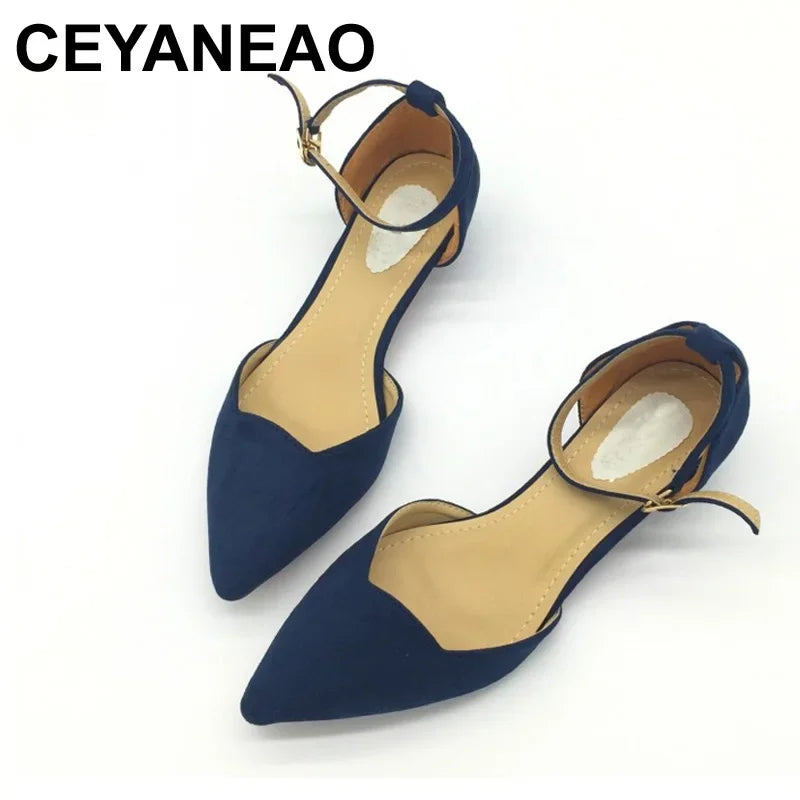 Lisslune | Women's Buckle Straps Low Heels Pumps Pointed Toe Flock D'Orsay Heels Shoes Single Shoe Blue