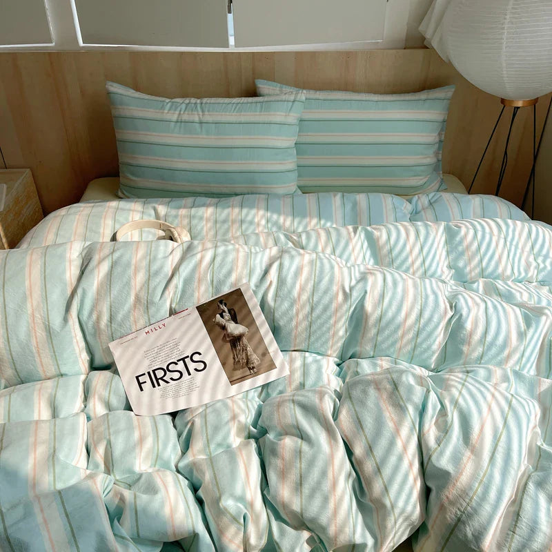 Rynx | 100% Cotton Soft Bedding Set Striped Print Duvet Cover with Pillowcase Bedding Bedspread Pillowcases Duvet Sets