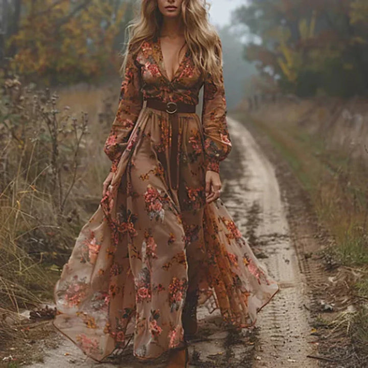 Boho Women's Maxi Dress with Low V-Neck and Long Sleeve Lisslune