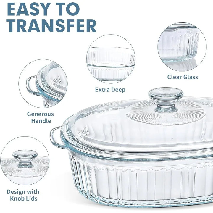 Lisslune | 4-piece Glass Bakeware Set with 2 Bakeware Dishes with Glass Lids, 1.9 Qt and 3 Qt