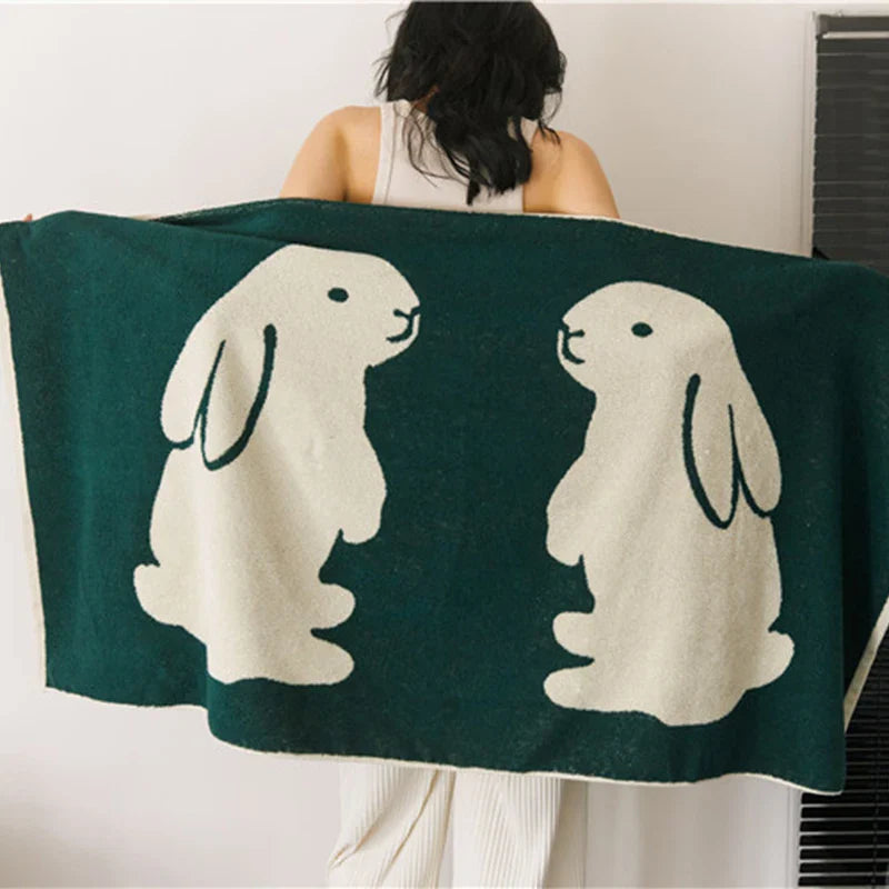 Rynx | A Pair of Bunny Patter Cotton Bath Towels Knitted Yarn Dyed Jacquard Soft Towels Absorbent Bathroom Towels 70*140cm Beach Towels