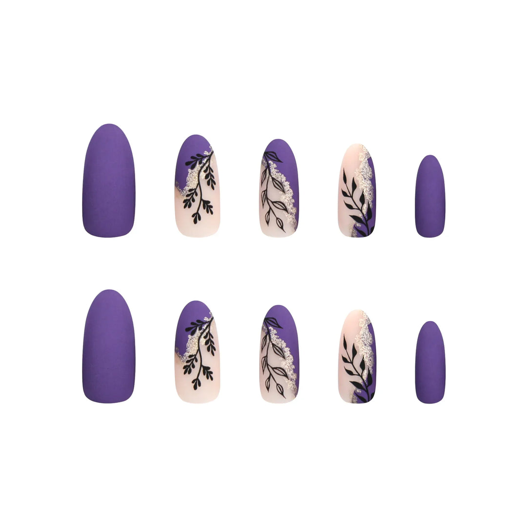 Rynx | Frosted Black Leaf Gold Glitter Powder Long Round Artificial Nails Purple Removable Ready to Stick Artificial Nails with Glue