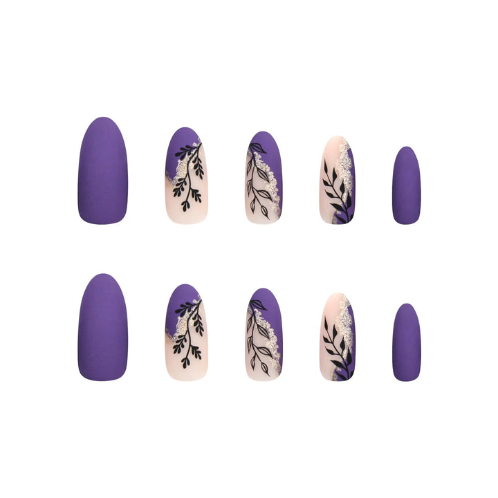 Rynx | Frosted Black Leaf Gold Glitter Powder Long Round Artificial Nails Purple Removable Ready to Stick Artificial Nails with Glue