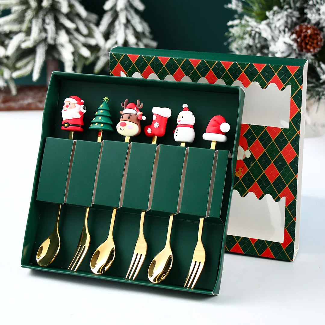 Lisslune | GoldParty Christmas Cutlery Set – Luxury Gold Spoon and Fork with Santa Claus Design