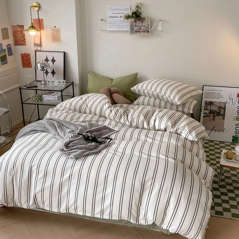 Rynx | In stripes bedding set with pillowcase bed sheet single and double size bedding duvet cover set queen/king double duvet cover
