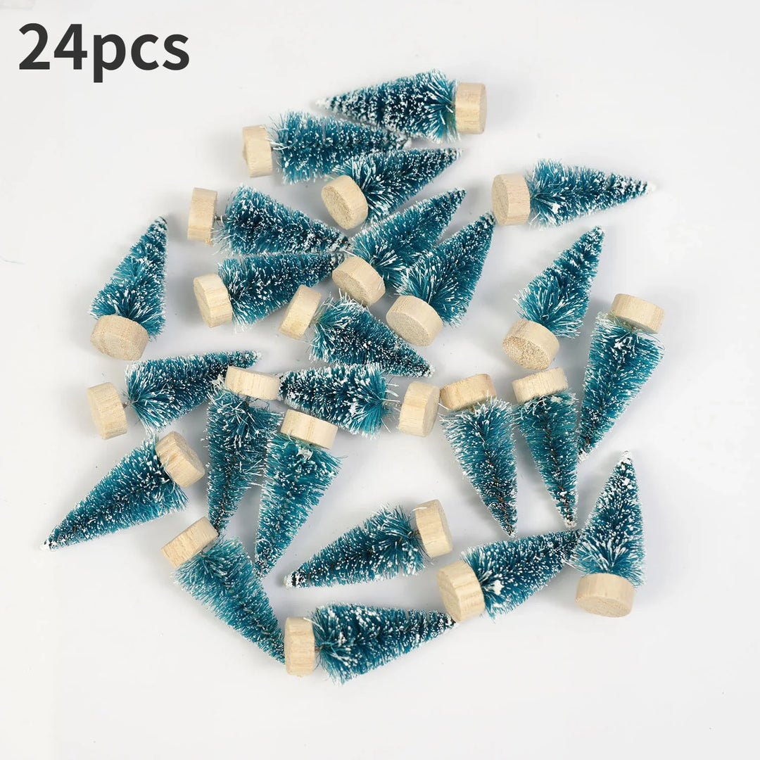 Rynx | 24 pieces, Mini Christmas sisal snow frost tree with wooden bottle brush - Perfect desktop tree for Christmas party and home decor