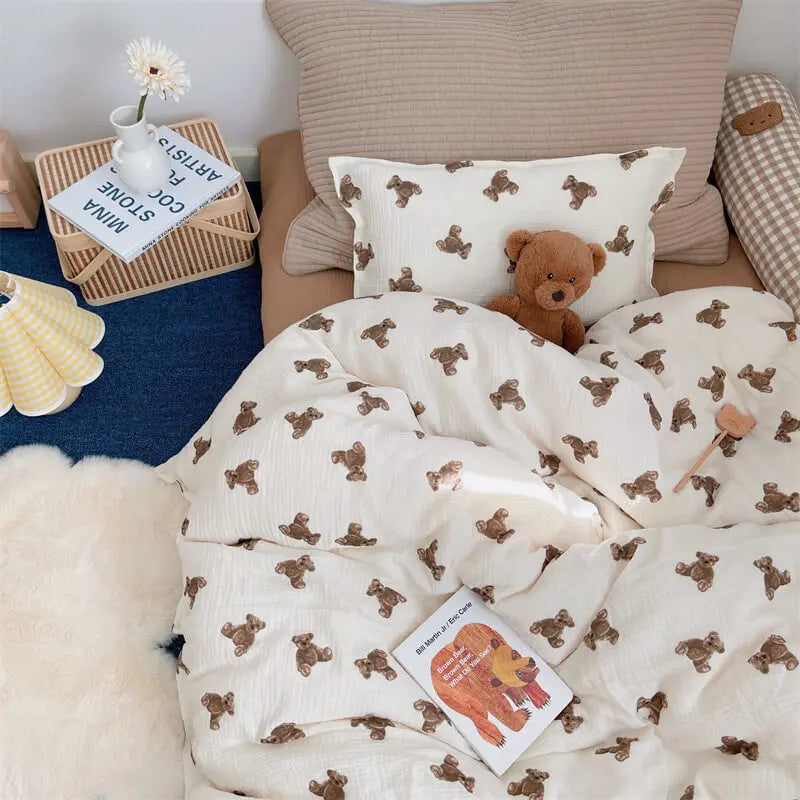 Rynx | 3PCS Cotton Muslin Bed Linen Set With Teddy Bear Print High Quality Muslin Bed Linen Twin Size