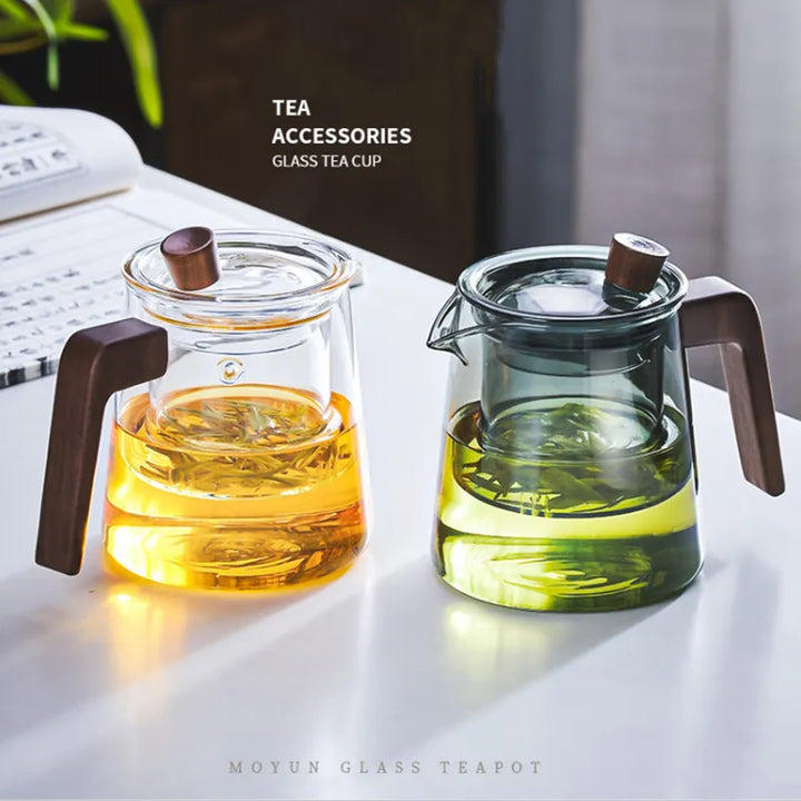 Lisslune | GIANXI Retro Glass Teapot Wood Handle Chinese Tea Ceremony Transparent Teawear Set Cup Filter High Boron Silicon Pot  530ML