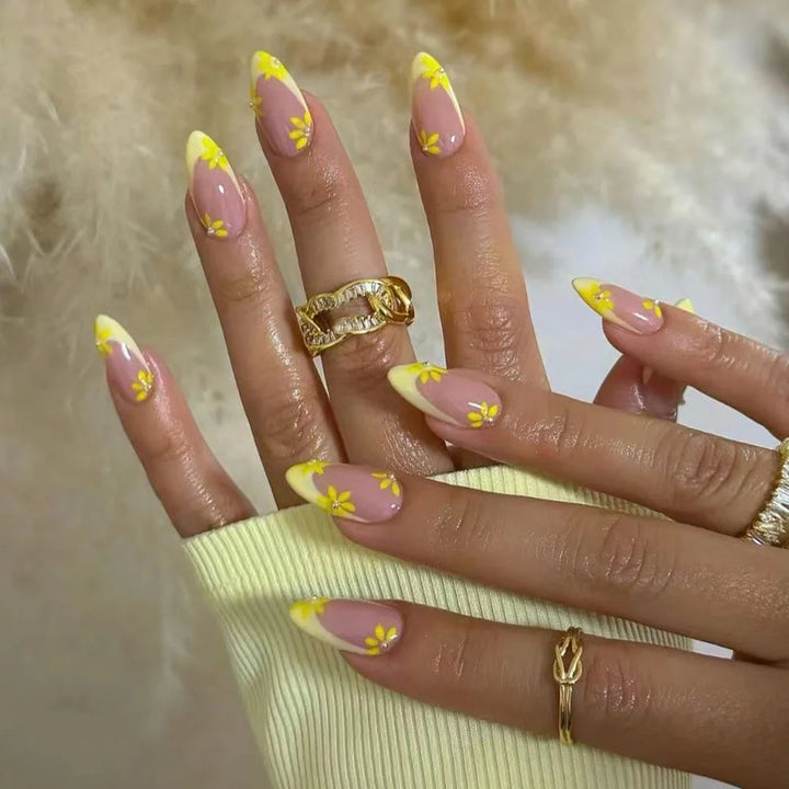 Rynx | Yellow Small Flower Pearl Cute Almond Shape False Nails Simple French Removable Ready Artificial Nails for Stick-On with Glue