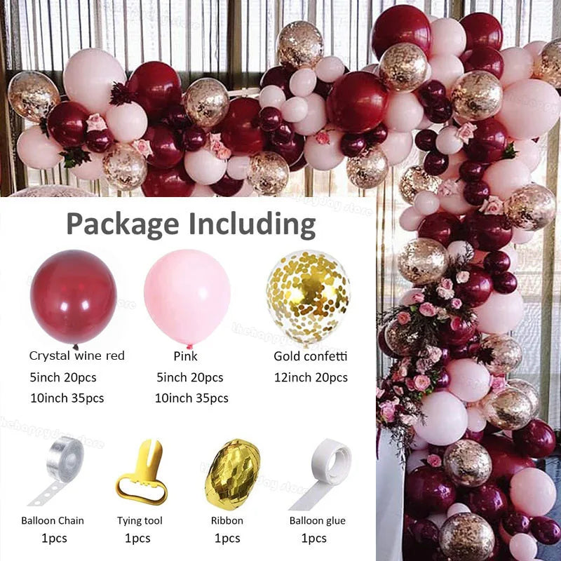 Rynx | 134 Piece Burgundy Pink Balloons Arch Garland Set Gold Confetti Balloons Valentine's Day Decoration New Year's Decoration
