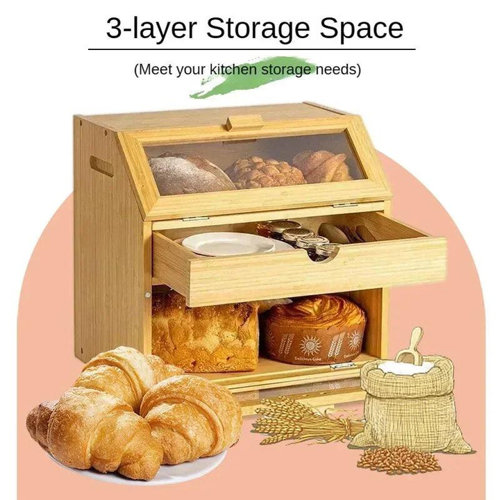 Lisslune | Elegant 3-tier bamboo bread storage box with clear viewing window - Stylish organizer for freshly baked goods
