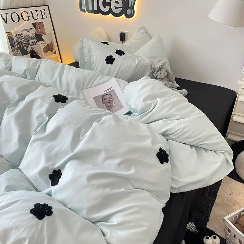 Rynx | Bedding Set in Minimalist Style Blue Wash Cotton Black Bow Towel Embroidered Four PIECE Set, 1.5 Bed Sheet