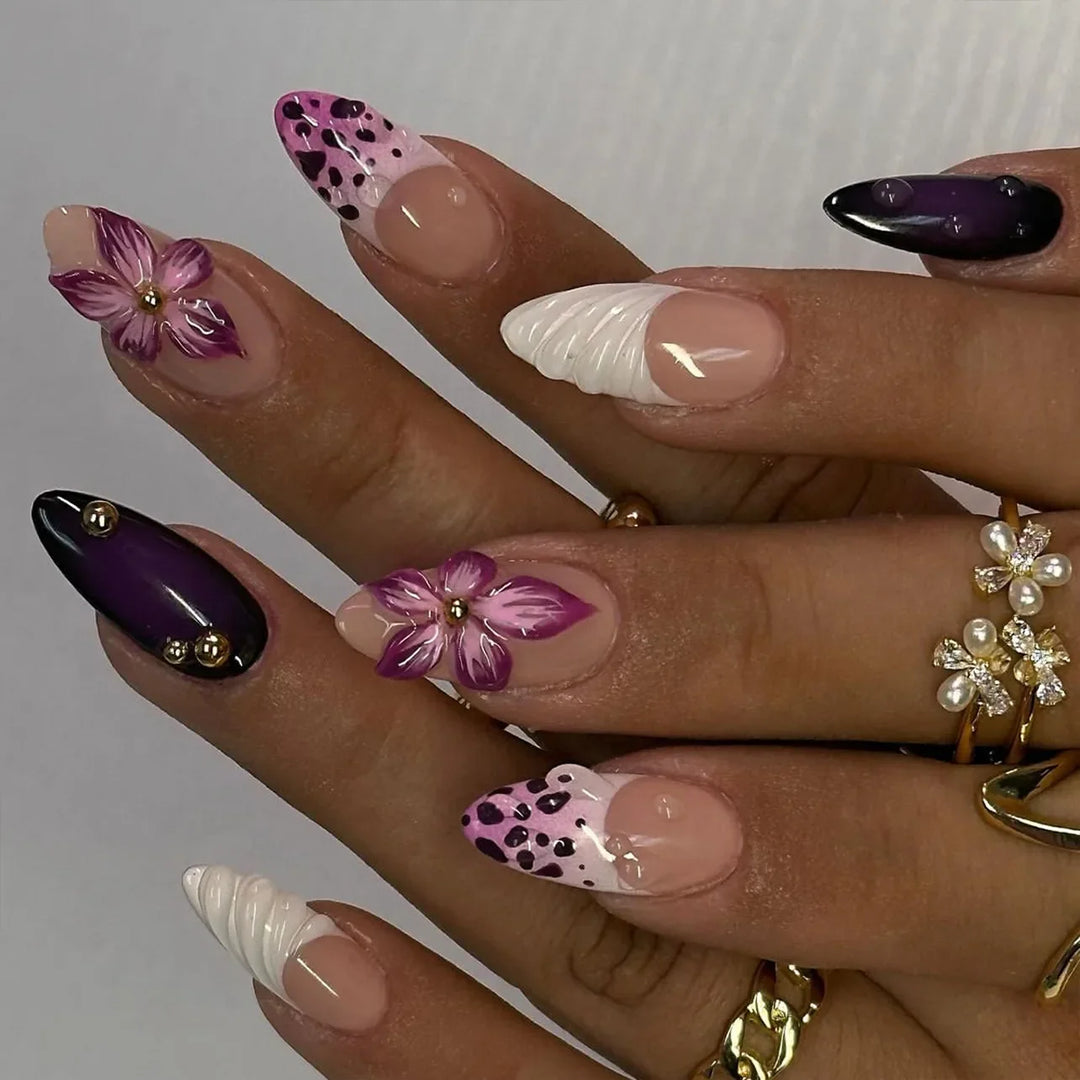 Rynx | 3D Flower Shell Water Drop Ripple Artificial Nails Black White Leopard French Removable Finished Artificial Nails Press on Nail with Glue