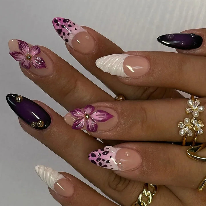Rynx | 3D Flower Shell Water Drop Ripple Artificial Nails Black White Leopard French Removable Finished Artificial Nails Press on Nail with Glue