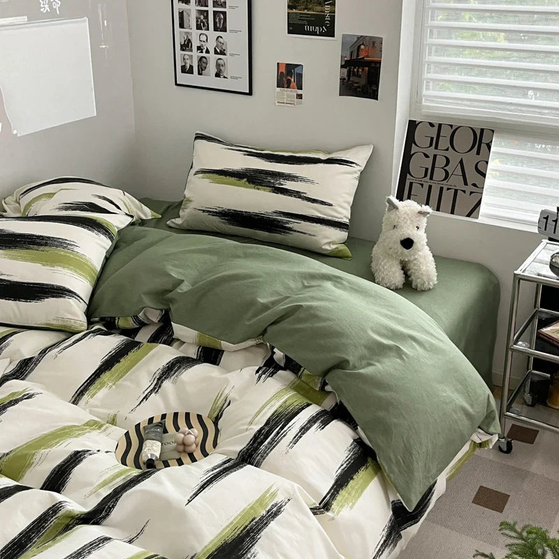 Rynx | Ins Stripe Bedding Set Green Black Duvet Cover with Pillowcase Simple Quilt Cover Adults Single Double Full Size
