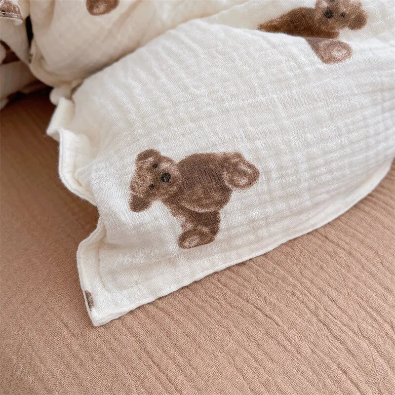 Rynx | 3PCS Cotton Muslin Bed Linen Set With Teddy Bear Print High Quality Muslin Bed Linen Twin Size