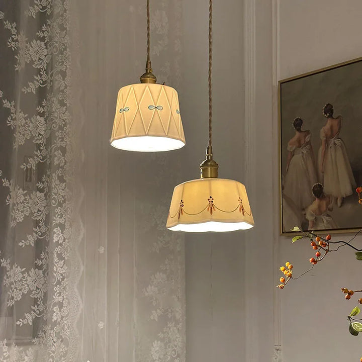 Lisslune | Japanese retro ceiling lamp made of embellished brass, printed ceramic