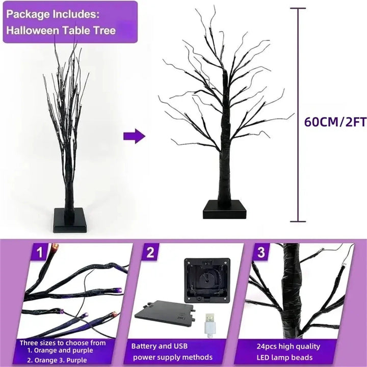 Rynx | 1pc 24in Orange and Purple Halloween Birch Tree Light Battery Operated Table Lamp Indoor Home Party Halloween Decorations