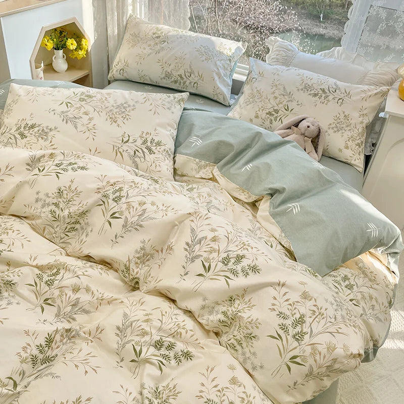 Rynx | Simple Leaf Floral Printed Duvet Cover Set with Leaf Pillowcases Without Filling Soft Bedding Full Queen Size Women Home Bedding
