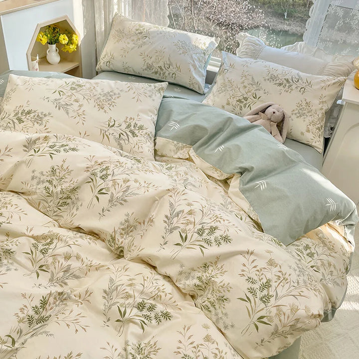 Rynx | Simple Leaf Floral Printed Duvet Cover Set with Leaf Pillowcases Without Filling Soft Bedding Full Queen Size Women Home Bedding