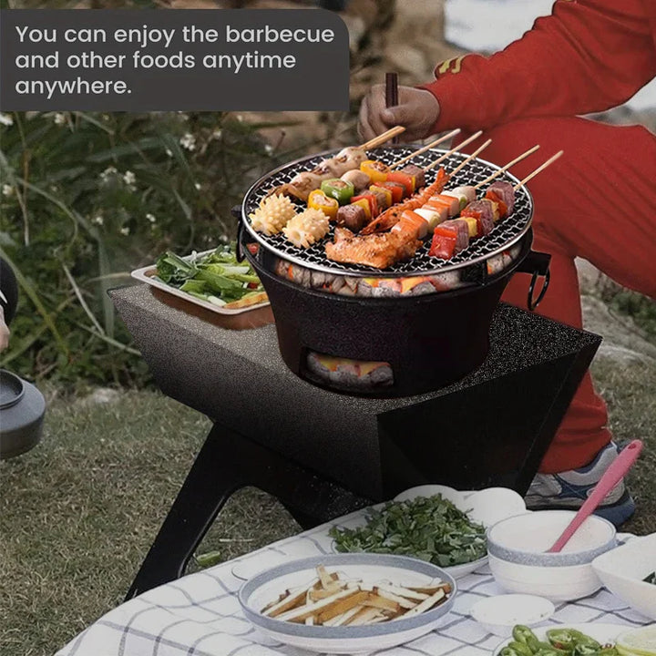 Lisslune | Outdoor Holzkohlegrill Tragbarer Gusseisen BBQ 10-Zoll Oberfläche Camping Picknicks Outdoor Partys Kompaktes Design Zuhause Terrasse Campingplatz