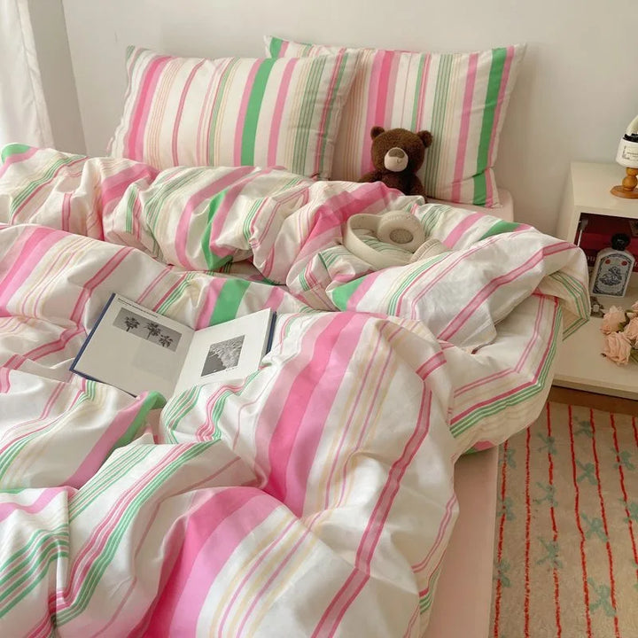 Rynx | Korean bedding set INS girl striped soft washed cotton sheet set queen king size duvet set pillowcases bedding