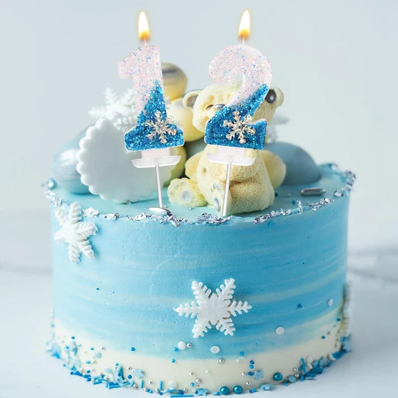 Rynx Frozen Birthday Candles 0-9 Number Glitter Blue Snowflake Cake Candle Kids Girls Birthday Party Cake Topper Decoration Accessories