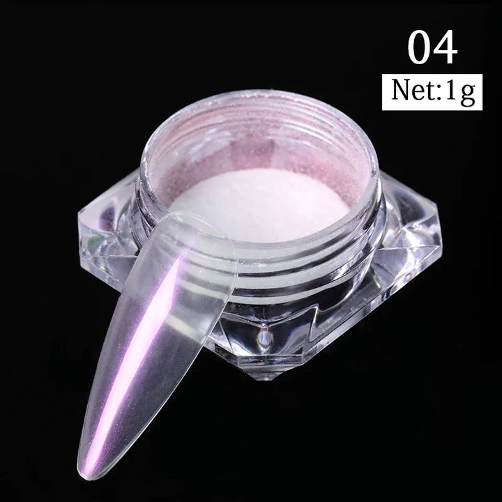 Rynx | Aurora Pearl White Nails Glitter Dust Chrome Gradient Rubbing on Powder Mirror Reflective Magnetic Pigment Nail Art Decorations