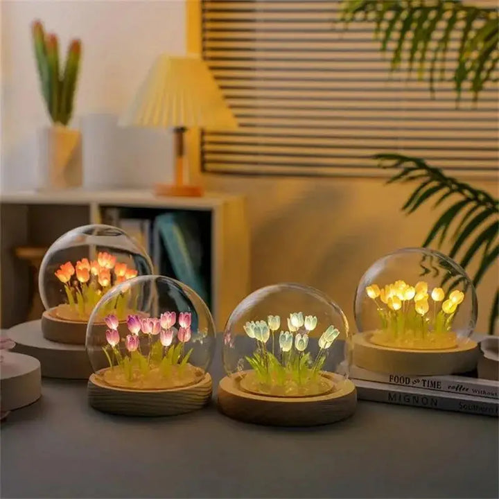 Rynx | Artificial Tulip Flowers Night Light Ornaments Handmade DIY Nightstand LED Night Lamp Bedroom Desk Decor Birthday Gifts Table Lamp