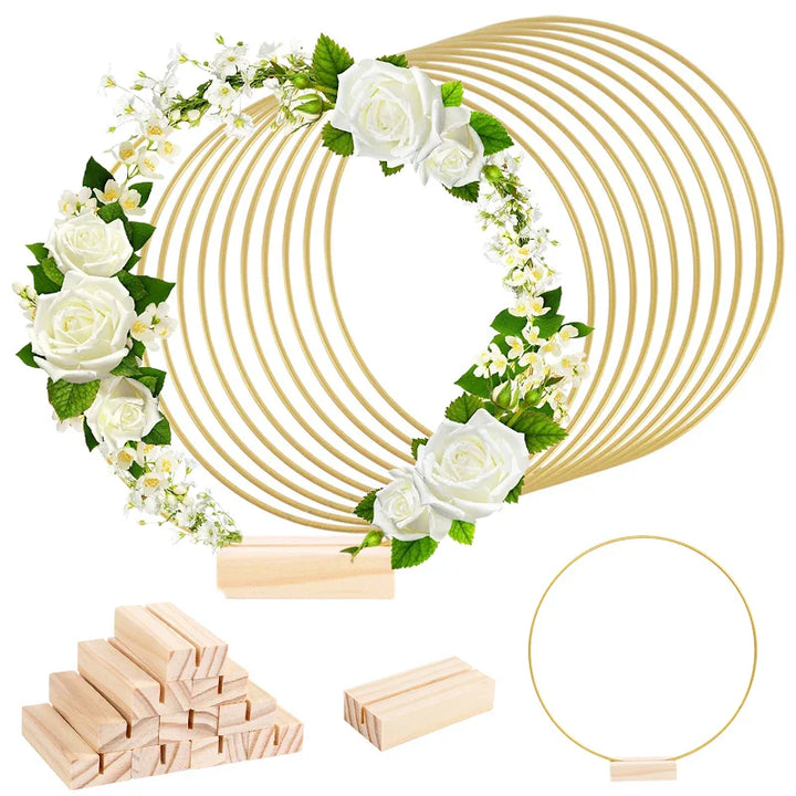Rynx Gold Metal Flower Ring Hoop with Wood Base for Wedding Party Table Centerpiece Decoration Artificial Flower Garland DIY Wreath